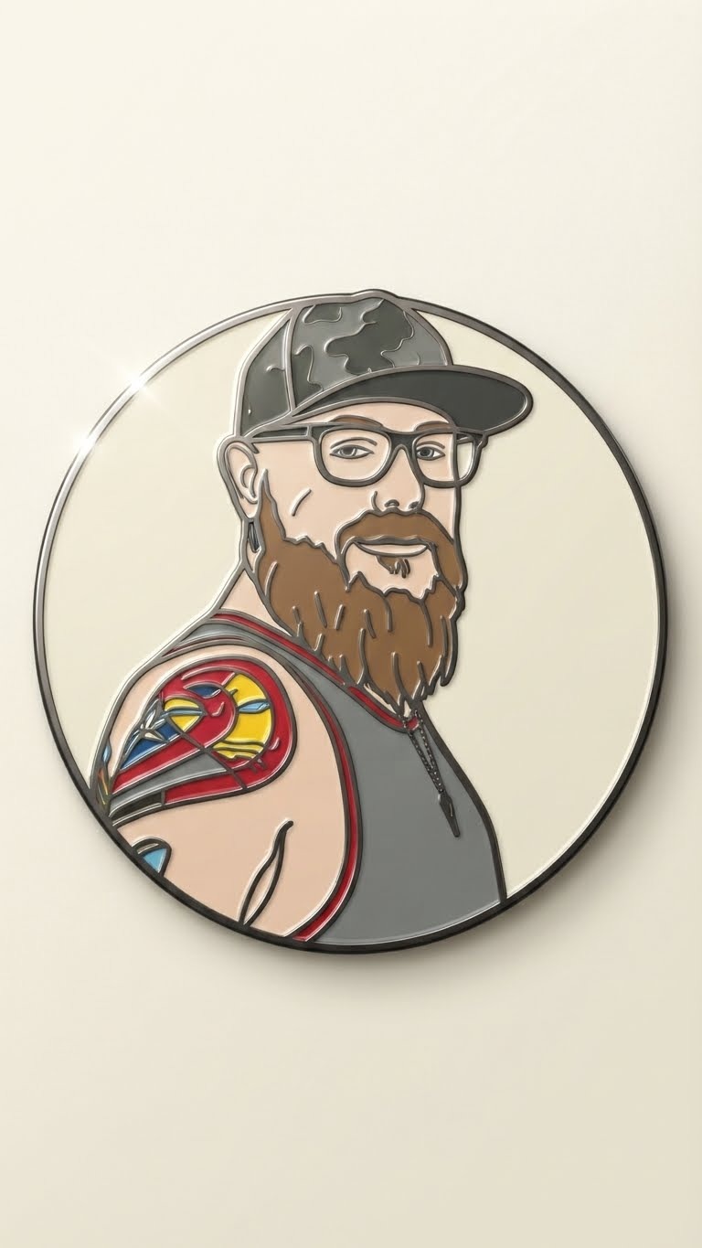 Illustrated enamel-pin portrait of Dan Gilliam