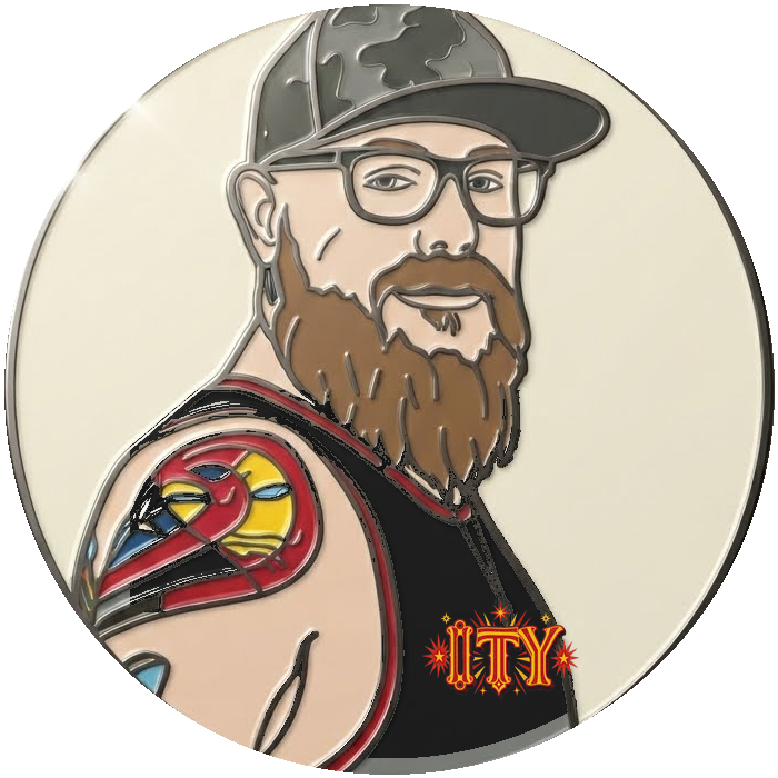 Caricature of the It Takes Years host wearing the black Carnival tee